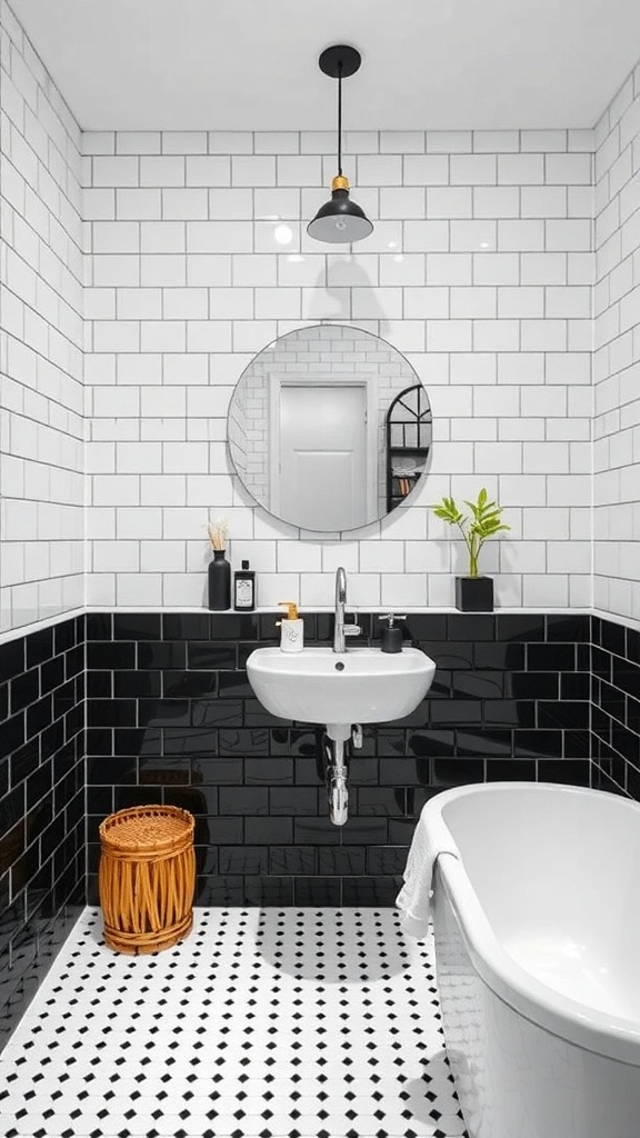 A modern minimalist bathroom featuring a monochrome color scheme with black tiles and white accents.