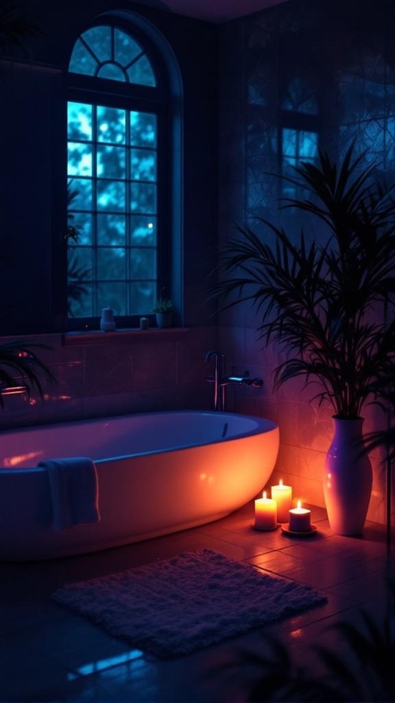 A dark bathroom with candles and a freestanding tub, showcasing mood lighting.