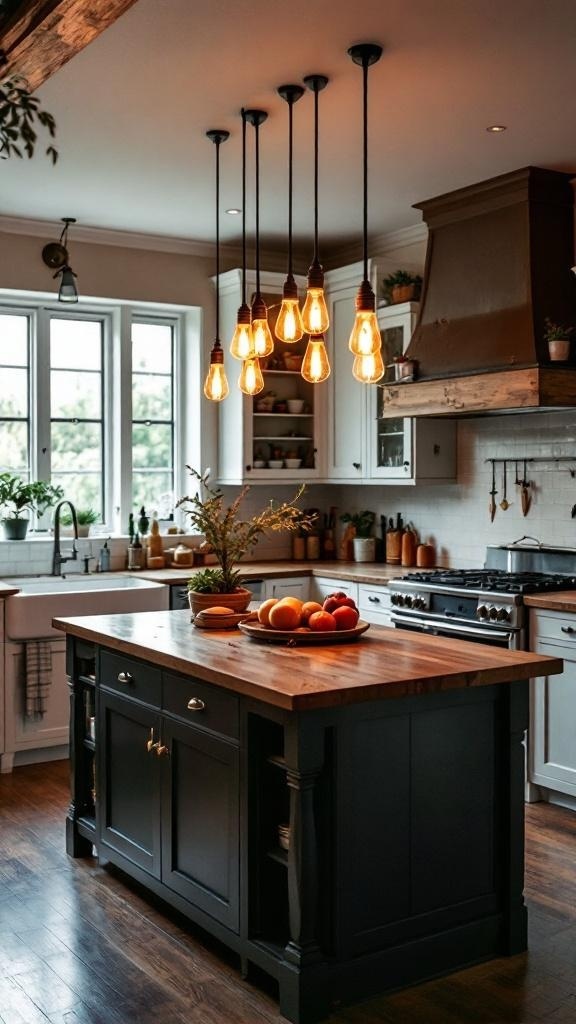 A dark farmhouse kitchen with Edison bulbs hanging over a wooden island, featuring fruits and a cozy atmosphere.