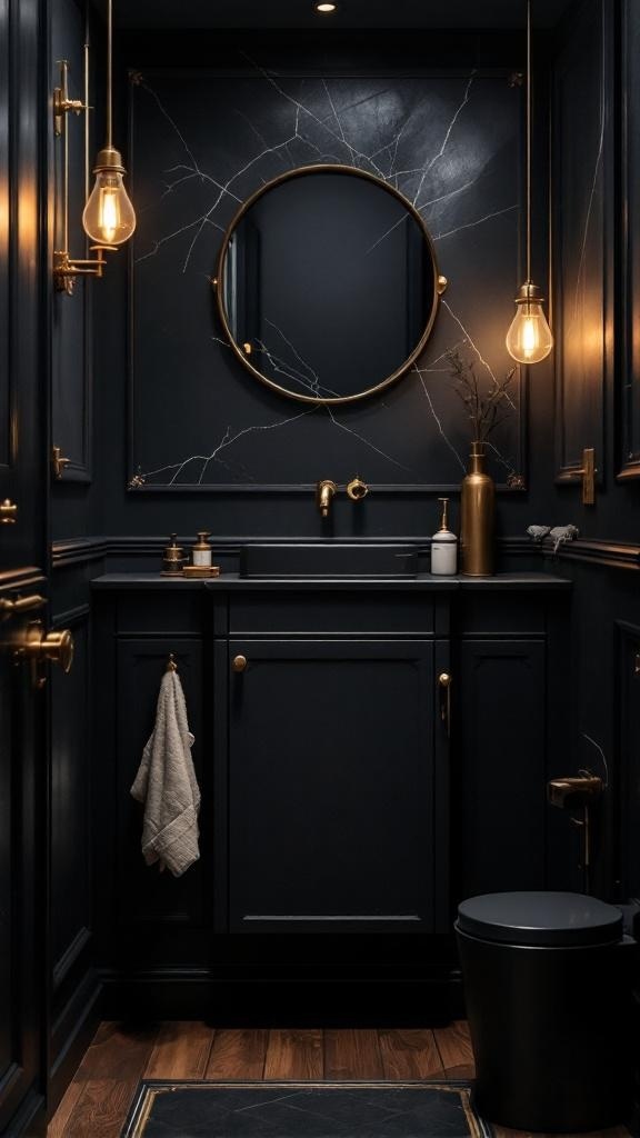 A stylish bathroom with moody charcoal walls, gold accents, and warm lighting.