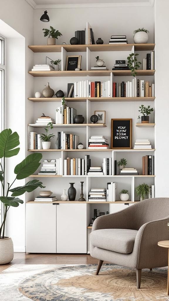 A modern bookshelf room divider filled with books and decorative items, featuring plants and a cozy chair.