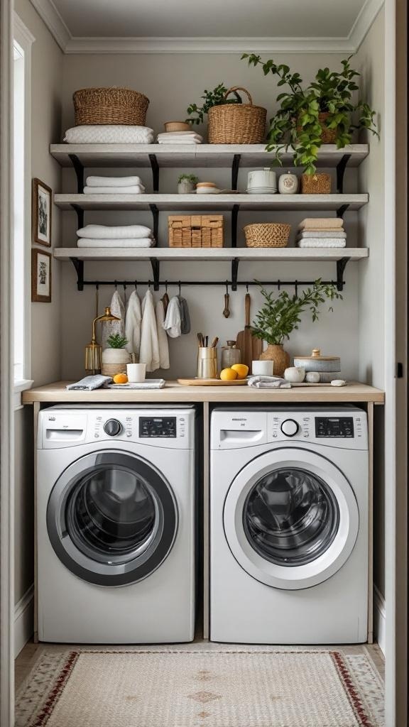 A modern laundry room featuring two washing machines, a wooden folding station, and organized shelves with towels and plants.