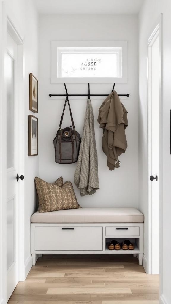 A small hallway featuring a bench with storage, wall-mounted hooks, and decorative pillows.