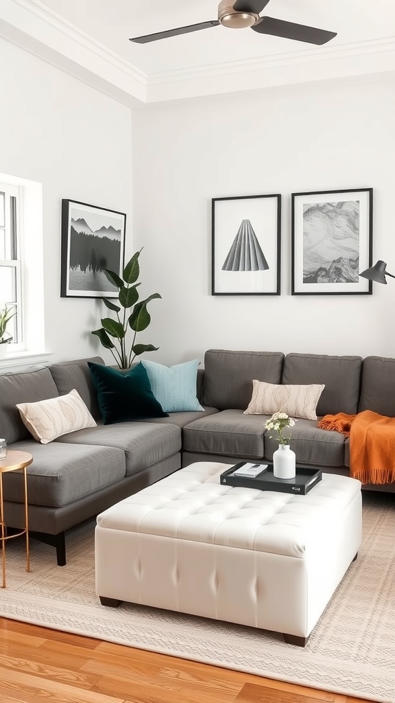 A stylish small living room featuring a white sofa, round coffee table, and accent chair with colorful cushions.