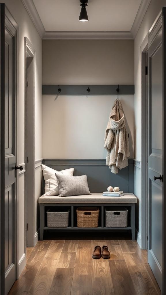 A small hallway featuring a storage bench, wall hooks, and wooden flooring.