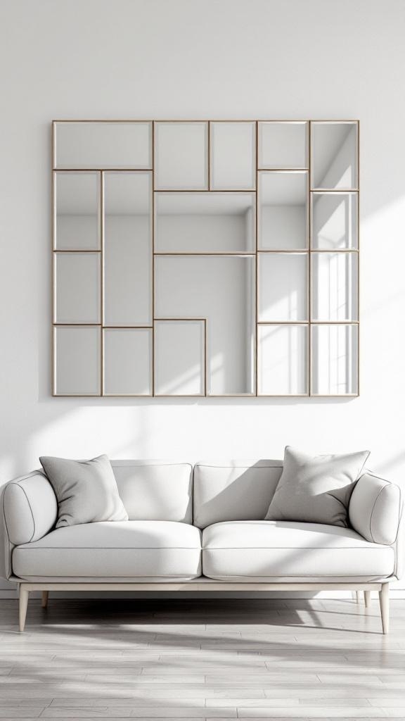 A multi-panel mirror above a light-colored sofa in a modern living room.