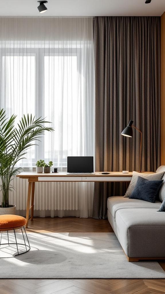 A stylish home office tv room combo featuring a desk, laptop, sofa, and plants.