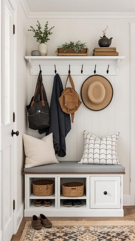 A cozy mudroom with a storage bench, hooks for bags and jackets, and decorative plants.