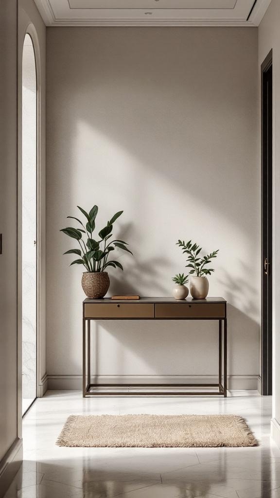 A narrow console table with plants in a stylish small hallway.