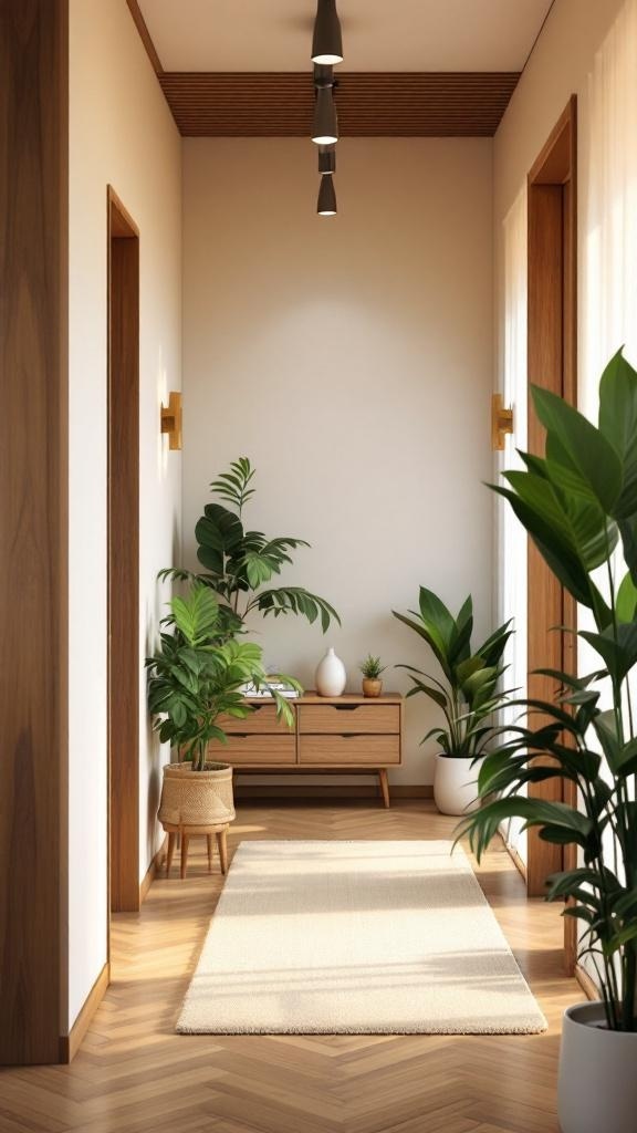 Stylish front hallway with wooden accents and green plants