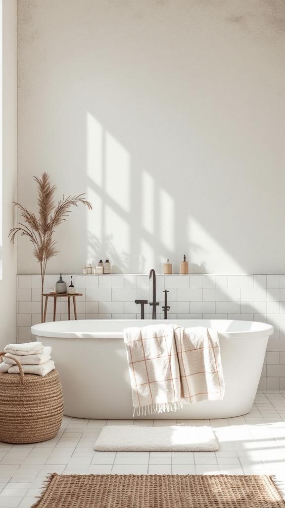 A serene Japandi bathroom featuring a freestanding tub, natural fiber textiles, and soft lighting.