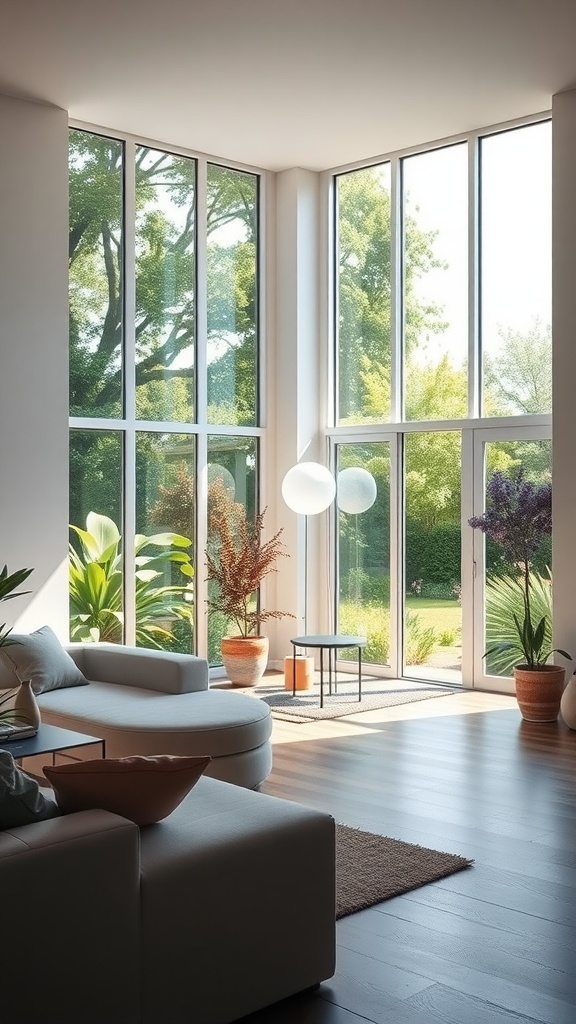 Bright living room with large windows showcasing garden views, featuring plants and a cozy sofa.