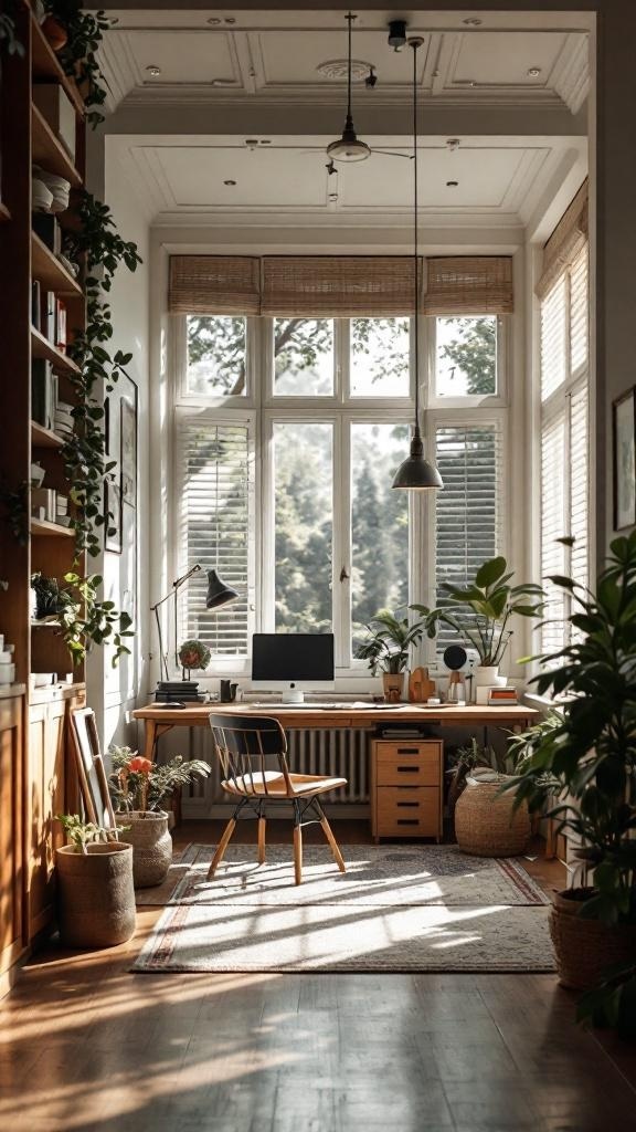 A bright and inviting home office with large windows, plants, and a wooden desk.