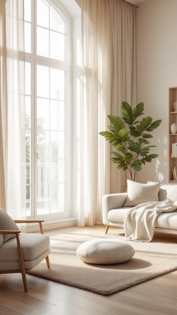 A bright and airy lounge room with large windows, soft curtains, and light furniture.