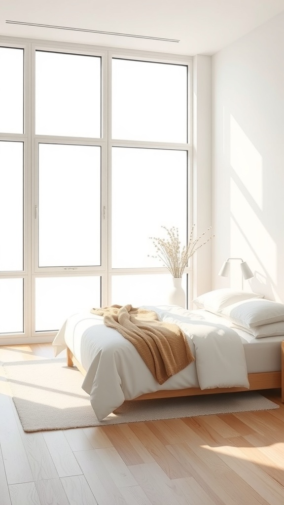 A minimalist bedroom with large windows allowing natural light, featuring a bed with white linens and a cozy throw.