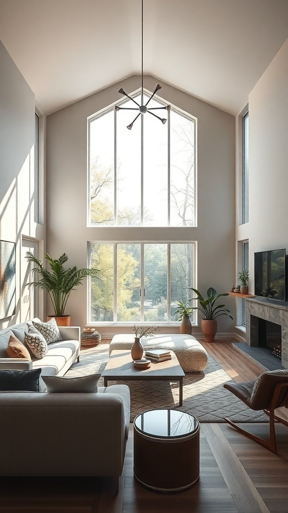 Bright and airy living room with large windows, wooden flooring, and indoor plants.