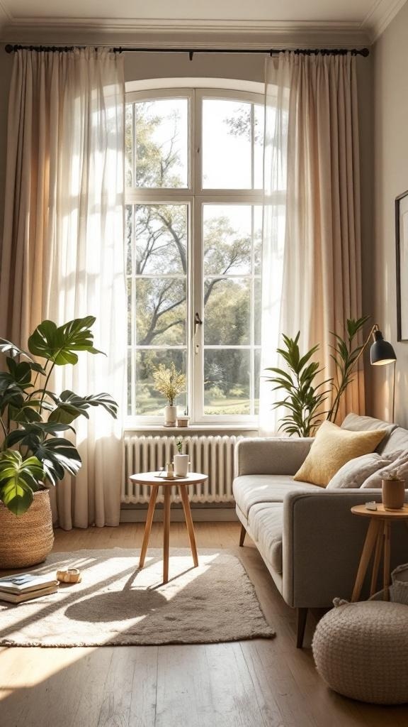 A small living room with large windows, soft curtains, plants, and cozy furniture, filled with natural light.
