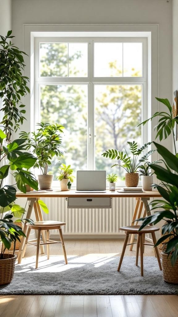 Bright home office with plants and a desk by a large window