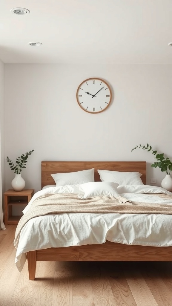 A minimalist bedroom featuring a wooden bed frame, neutral bedding, and plants in vases.