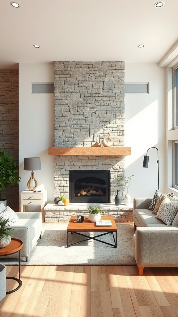 A cozy living room featuring a natural stone fireplace, light gray sofas, and wooden accents.