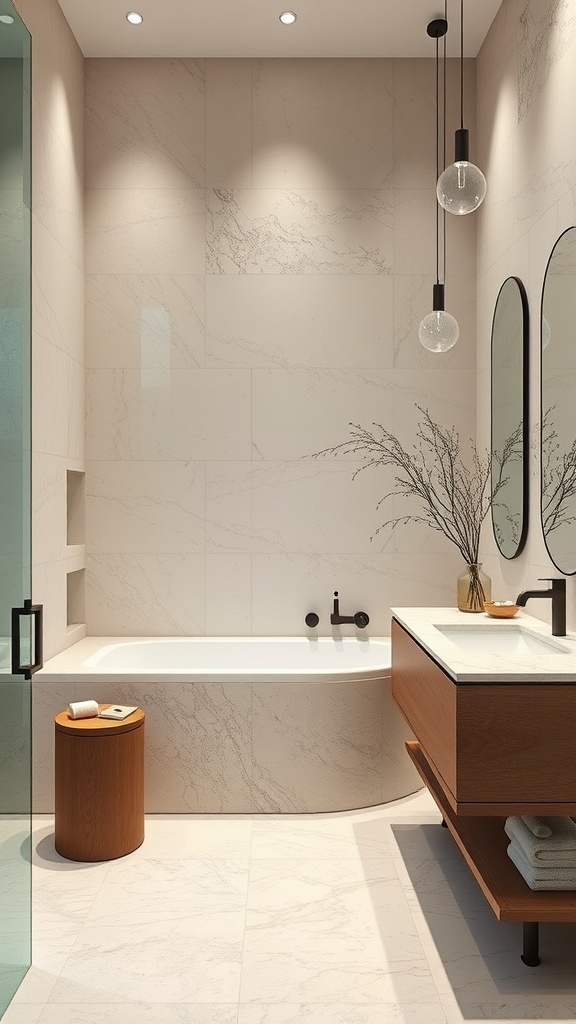 Minimalist bathroom with natural stone accents, featuring beige stone walls, a glass shower, and a potted plant.