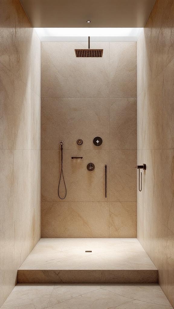 Natural stone shower with minimalist design and dark fixtures