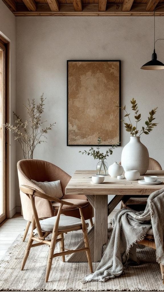 A cozy dining room featuring a wooden table, textured fabrics, and natural accents.
