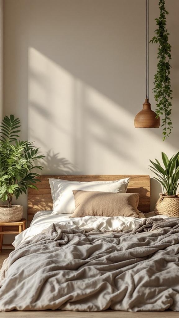 A modern male bedroom with a wooden bed, soft linens, and indoor plants.