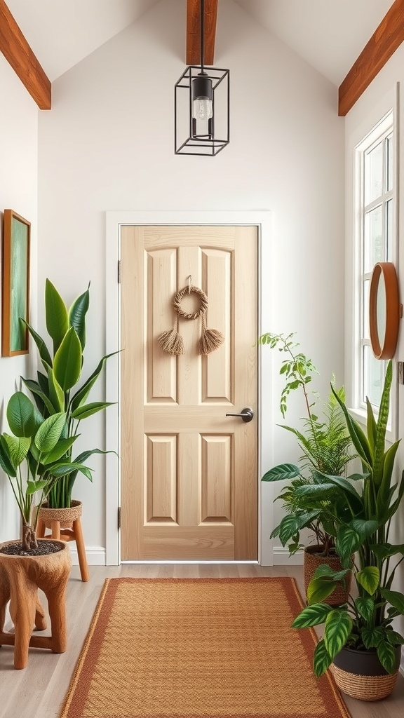 A modern entryway featuring a rattan chair, various plants, and natural light.