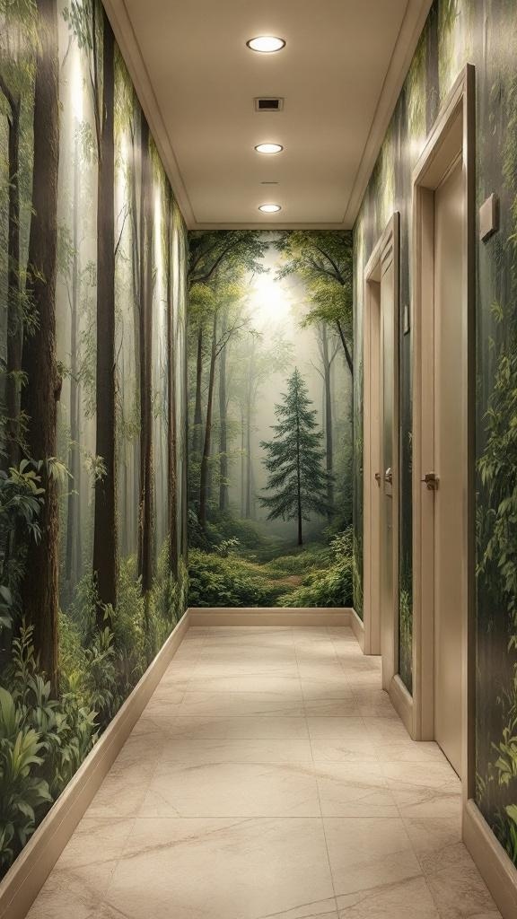 A hallway with nature-inspired mural featuring tall trees and greenery.