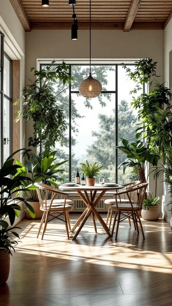 A bright dining room with large windows, surrounded by plants and featuring a round wooden table and chairs.