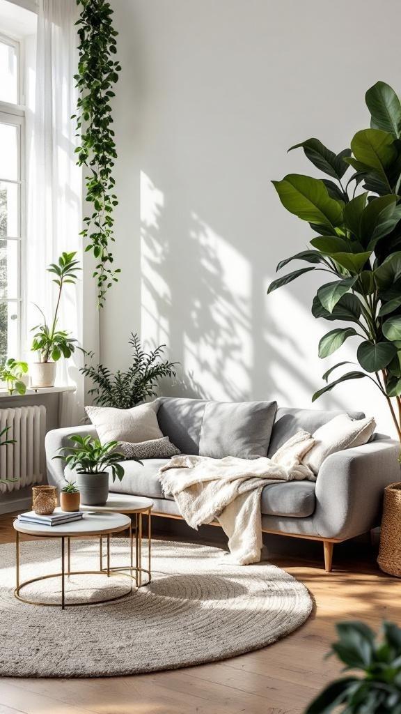 A serene living room featuring a grey couch, plants, and natural light.