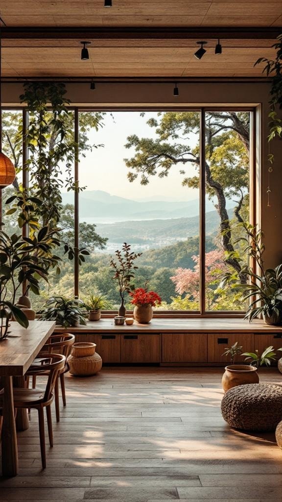 A nature-inspired dining room with large windows, wooden furniture, and various plants.