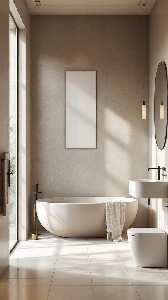 A serene Japandi bathroom featuring a neutral color palette with a freestanding tub, minimalist decor, and natural light.