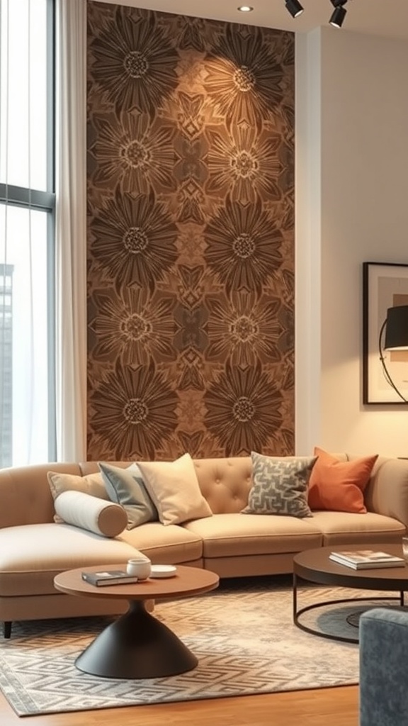 Cozy living room with neutral tones and bold floral wallpaper, featuring a sofa with orange cushions, a round coffee table, and a potted plant.