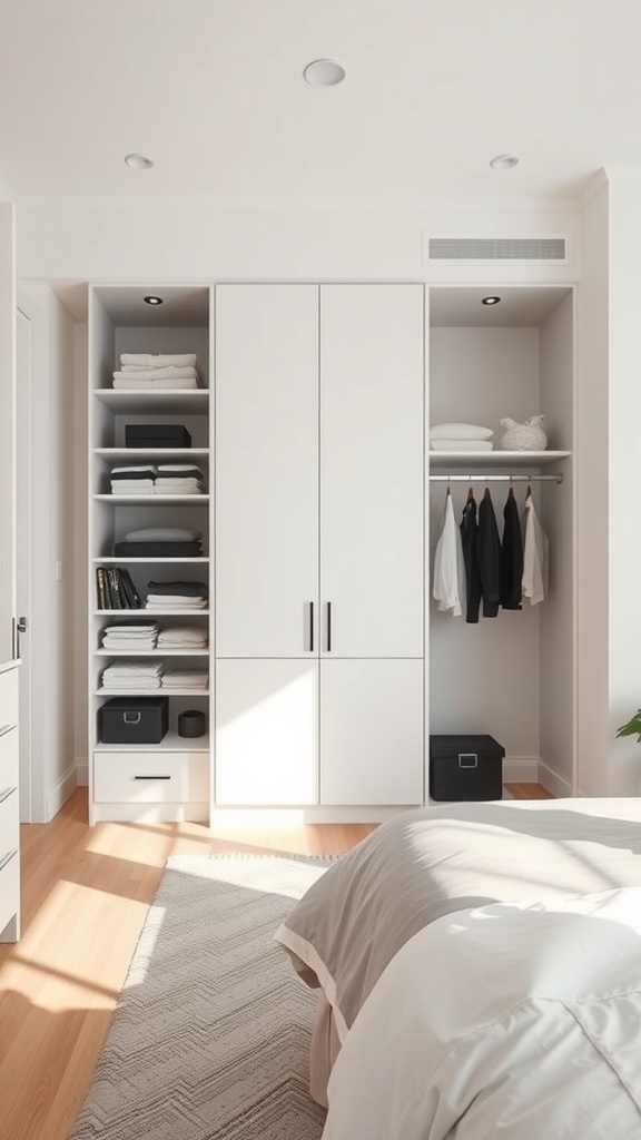 Minimalist open closet with white cabinetry and organized shelves
