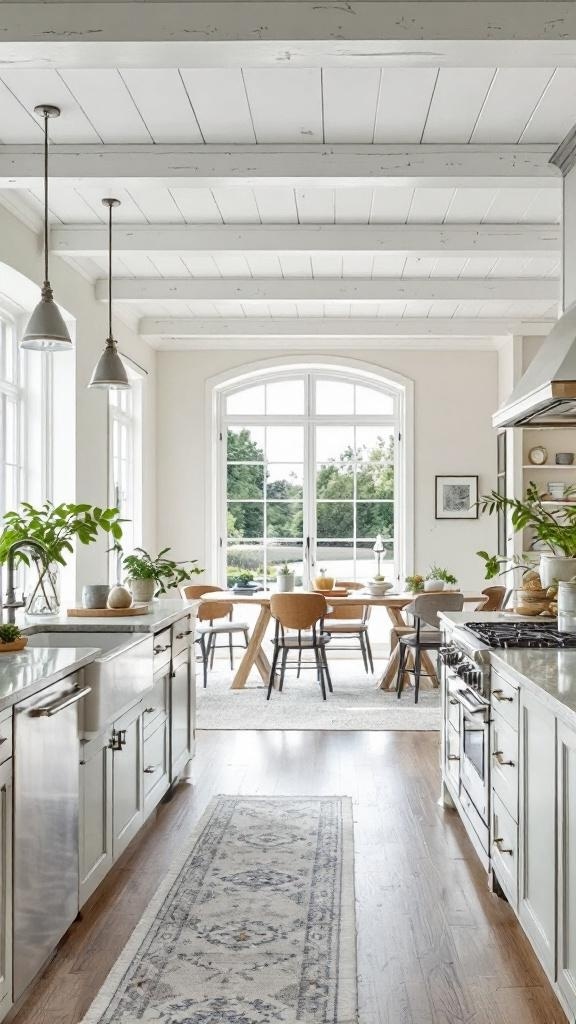 A bright open concept kitchen featuring large windows, light cabinetry, and warm wood flooring.