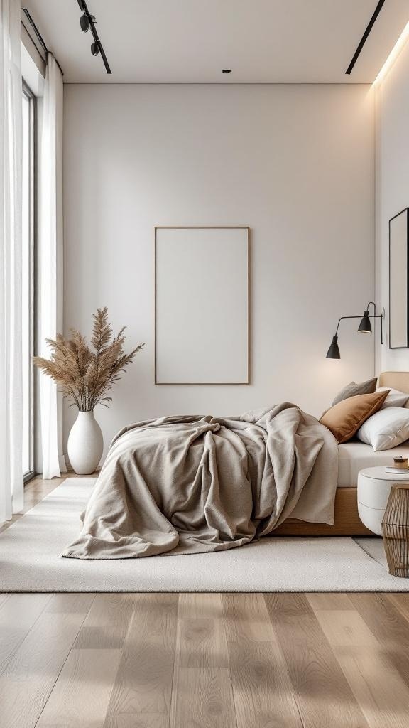 Modern male bedroom with an open concept layout featuring large windows, neutral colors, and minimalistic decor.