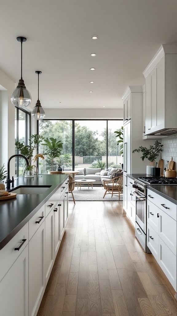 Stylish kitchen with black countertops and white cabinets in an open concept layout
