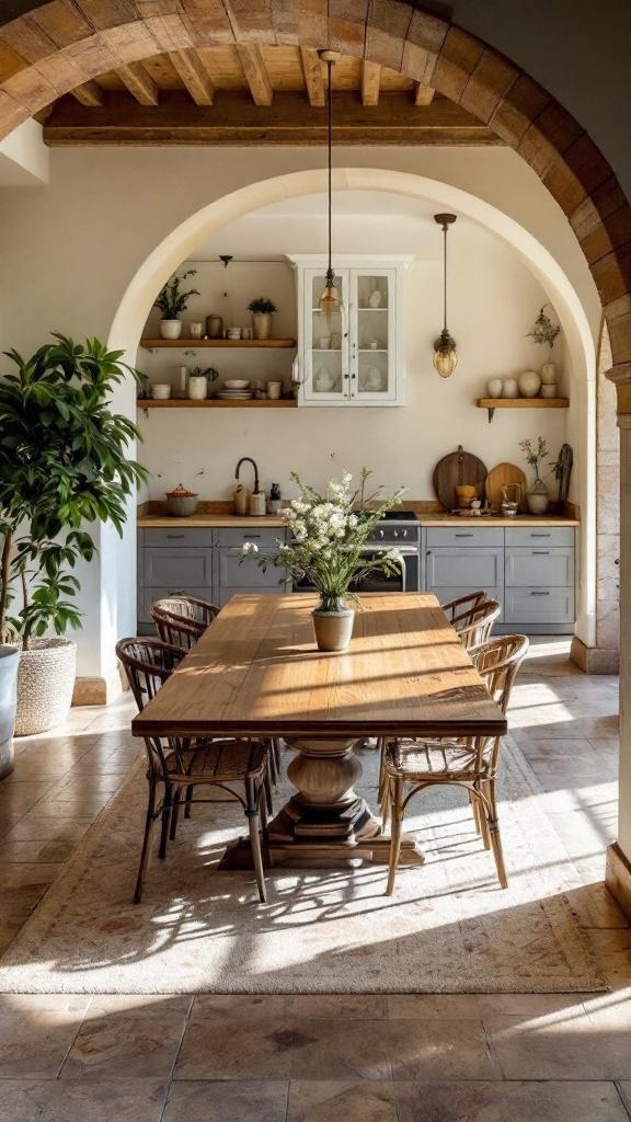 Open concept dining area with kitchen integration featuring a wooden table, stylish chairs, and natural light.