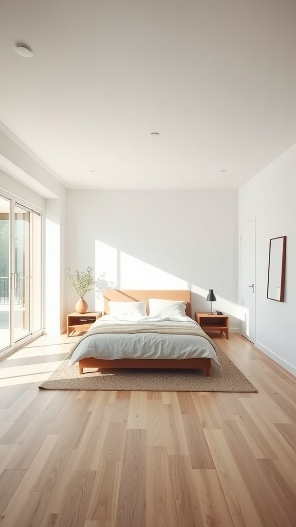A minimalist bedroom featuring an open floor space with a bed, nightstands, and natural light.