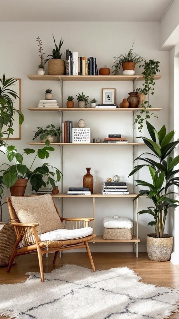 Open shelving display with books and plants in a small living room