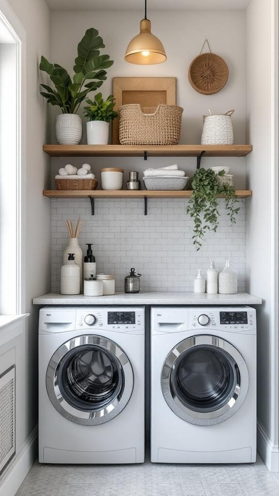 A stylish laundry room featuring open shelving with plants and storage baskets above modern washing machines.