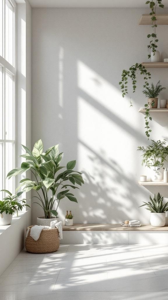 A bright bathroom with open shelves displaying plants and simple decor, featuring natural light and a minimalist design.