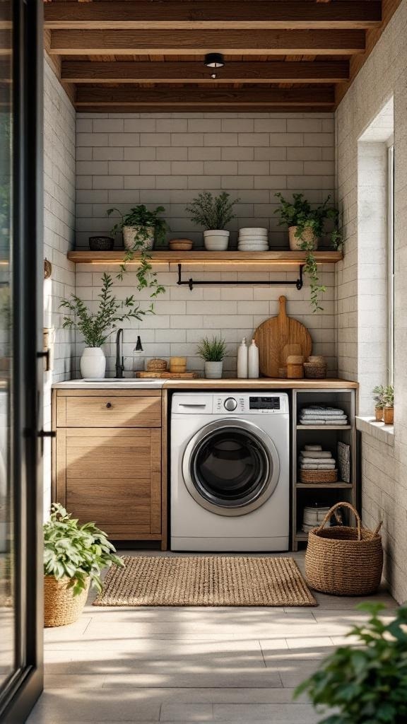 A modern laundry room featuring wooden shelves, plants, and a washing machine, designed with natural elements.