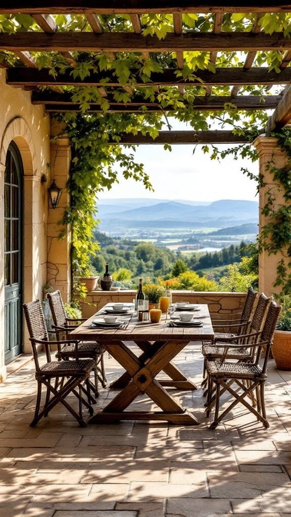 Outdoor dining area with a wooden table and scenic views in Tuscany