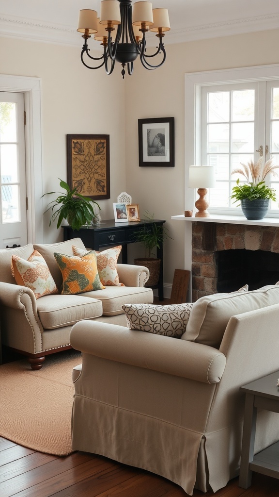 Cozy living room with overstuffed sofas and armchairs, featuring colorful cushions and a warm decor