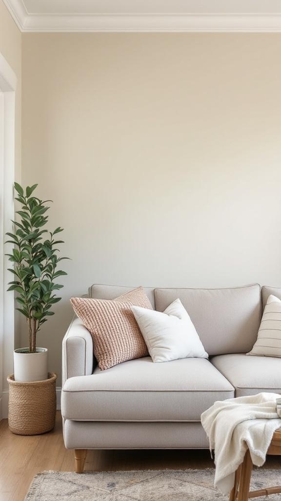 Cozy living room corner with a light beige accent wall, a light-colored sofa with textured pillows, and a plant.