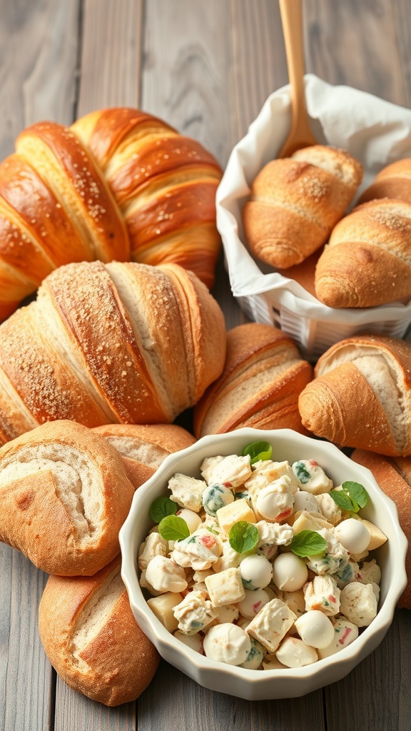 A variety of breads with a bowl of chicken salad