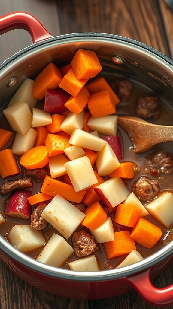 A pot of beef stew with colorful diced root vegetables ready to be cooked.